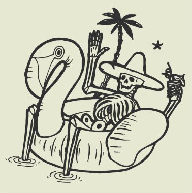 Tropical skeleton resting in pool flamingo, drinking cocktail under the palm-trees. Eternal summer vector illustration. clipart