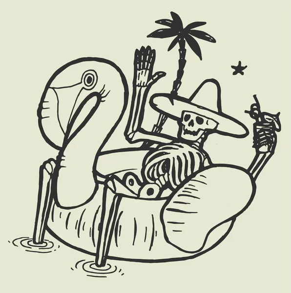 Esqueleto Tropical Descansando Flamenco Piscina Bebiendo Cóctel Bajo Las Palmeras — Vector de stock