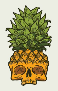 Ananas kafatası çizimi. Tropik tatil karakteri çizimi. Sörf tişörtü baskısı izole edilmiş karakter.