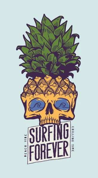 Calavera Piña Surfeando Para Siempre Estampado Camiseta Carácter Ilustración Frutas — Vector de stock