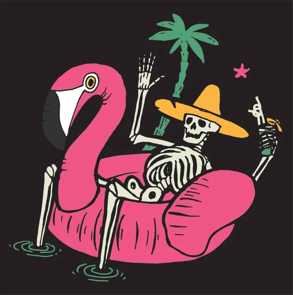 Havuzdaki flamingoda iskelet su içiyor. Tropik tatil karakteri dinleniyor. Komik tişört baskısı.