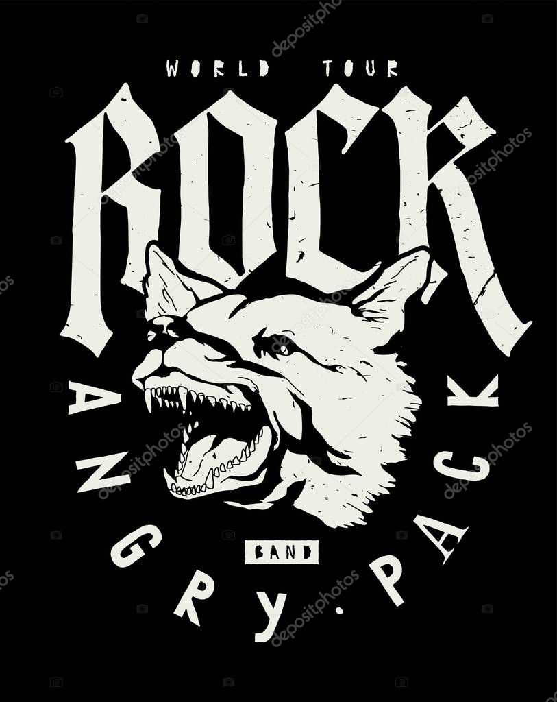 Angry barking dog rock music t-shirt print. Angry pack rock band world tour.