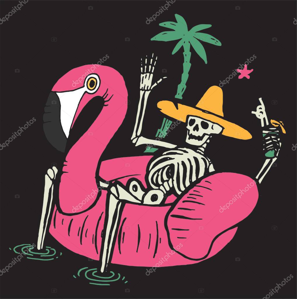 Skeleton in pool flamingo having drink. Tropical vacation character relaxing. Funny t-shirt print.