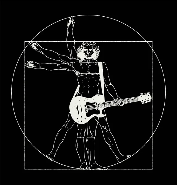 Da Vinci denen adam rock gitar çalıyor. Vitruvianlı adam rock müzik tişörtü baskı vektör illüstrasyonu.