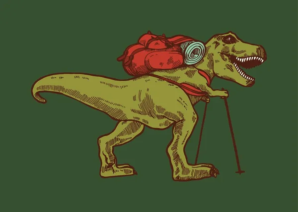 带着背包和远足杆的霸王龙徒步旅行 迪诺旅行者背包 孤立的恐龙特征矢量图解 — 图库矢量图片