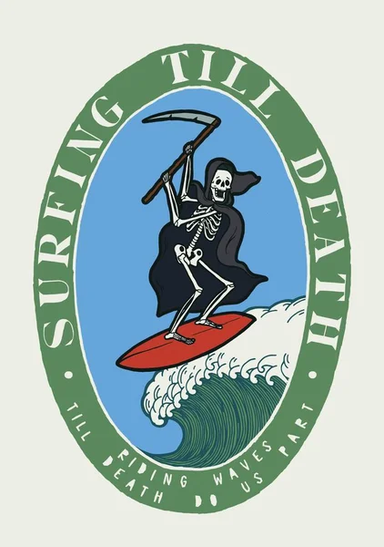 Muerte Surfeando Una Gran Ola Esqueleto Una Bata Negra Con — Vector de stock