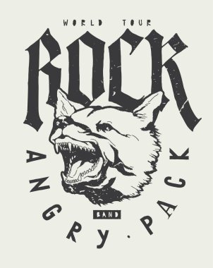 Kızgın köpekli rock grubu tişörtü. Vektör illüstrasyon tişört baskısı.