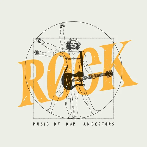 Da Vinci denen adam rock gitar çalıyor. Vintruvialı adamla rock müzik tişörtü baskısı.