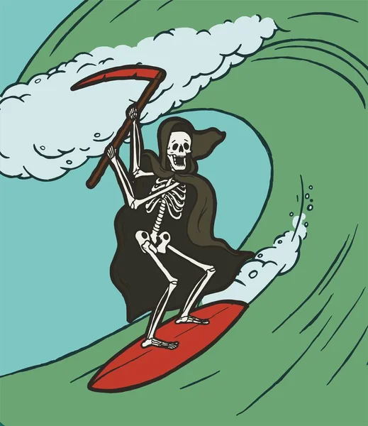 Surfer Sur Mort Squelette Cape Noire Avec Faux Sur Planche — Image vectorielle