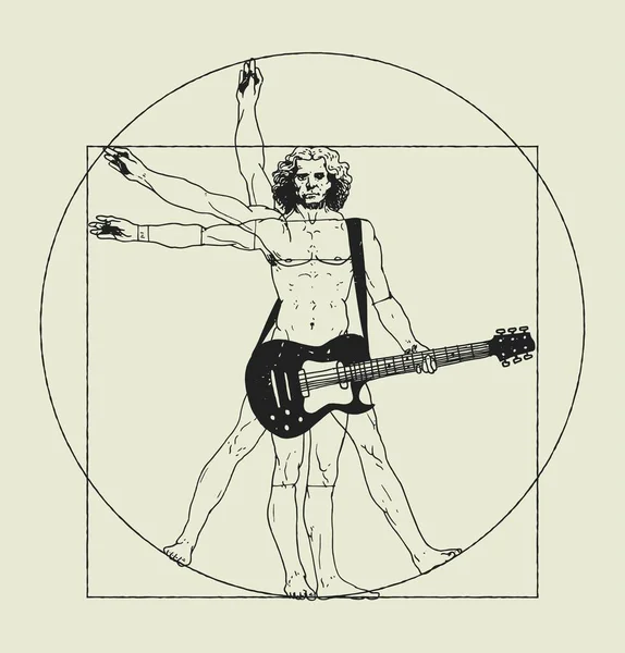 Vinci Man Playing Rock Guitar Vitruvian Man Rock Music Shirt — Stock Vector