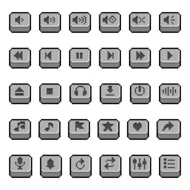 Retro 8 bit tarzında dizayn edilmiş tam bir piksel sanat medya kontrol simgeleri seti. Oynamayı, duraklamayı, durmayı, sesi, sesi, tekrar etmeyi, karıştırmayı, indirmeyi, eşitlemeyi ve diğer ses oynatıcı fonksiyonlarını içerir. Retro oyunlar için mükemmel, UI tasarımı, uygulama geliştirmesi, digi