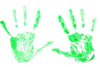Parmak izi elinden, avuç içi beyaz zemin üzerine yeşil boya. Ekoloji, doğa koruma kavramı