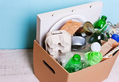 Bir karton kutu plastik, cam şişe, kağıt kutular. Ayrı sıralama çöp, çevre koruma, ekoloji, evsel atık geri dönüşüm kavramı