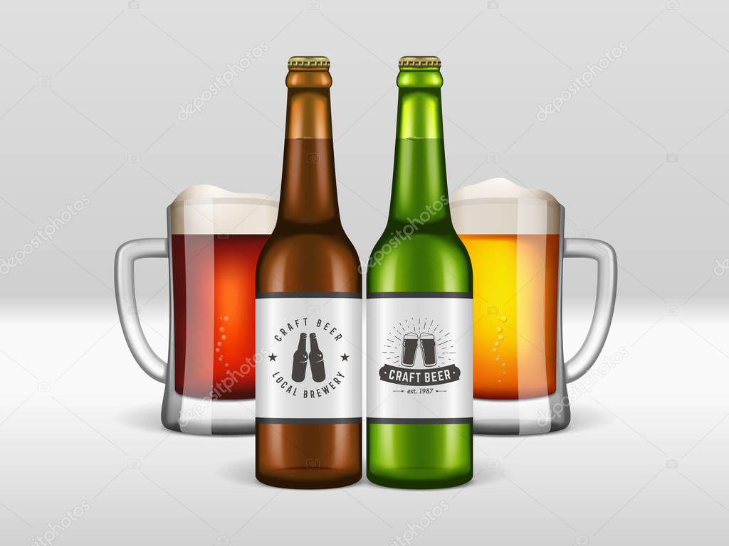 Realistic craft beer bottles and mugs. Vector craft beer poster with two glasses of dark and light beverages, green and brown bottles. Mockup banner for bar, brewery or pub.