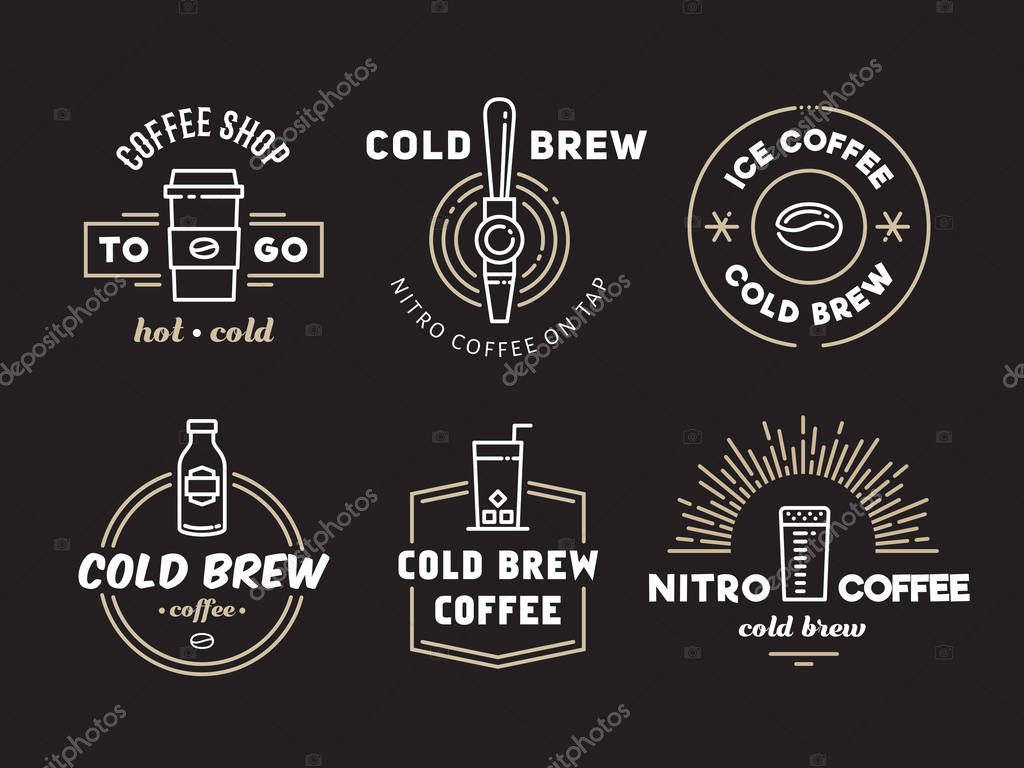Cold brew coffee and nitro coffee logos. Vector line art badges for cafe of coffee shop.
