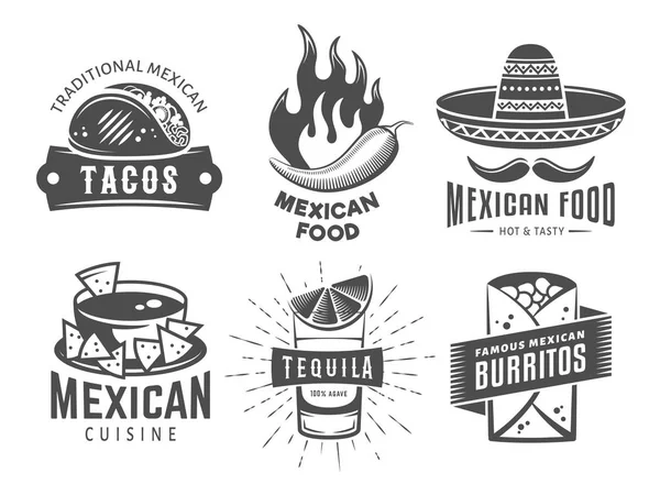 Logos Cuisine Mexicaine Badges Vectoriels Avec Nourriture Mexicaine Traditionnelle Emblèmes — Image vectorielle