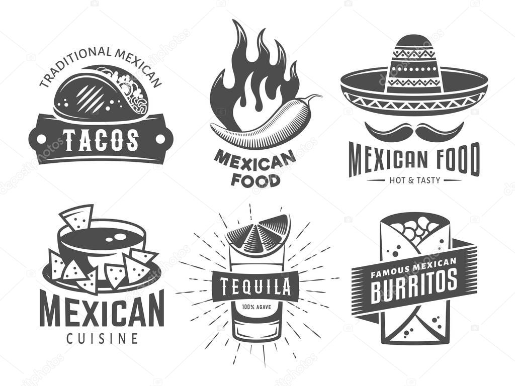 Mexican cuisine logos. Vector badges with traditional mexican food. Emblems for tacos, burritos, nachos, tequila. Set of vintage labels for cafe or fast food restaurant