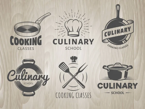 Logotipos Escuela Culinaria Etiquetas Vectoriales Para Clases Cocina Talleres Cursos — Vector de stock