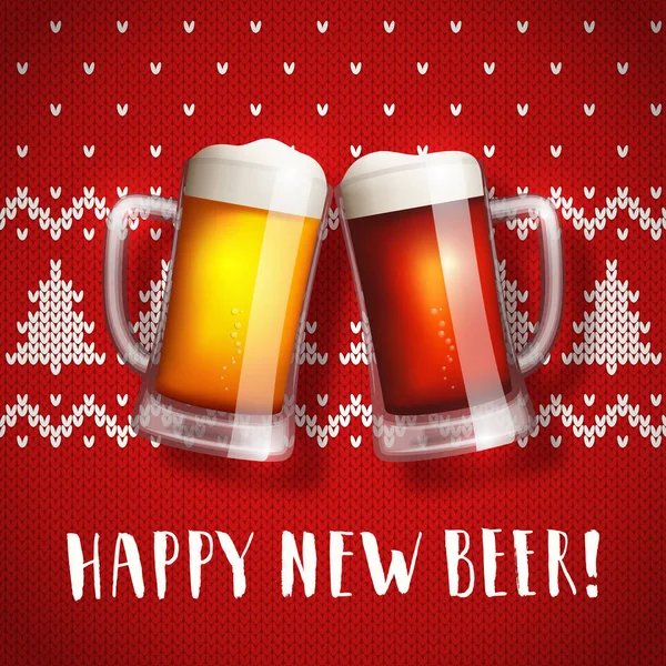 Feliz Nuevo Cartel Tazas Cerveza Suéter Navidad Fondo Tarjeta Felicitación — Vector de stock