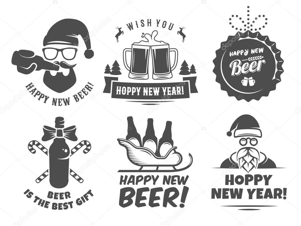 New year craft beer logos and badges. Vector christmas beer labels with Santa, bottles, mugs, sleigh and holiday decoration for bar or pub