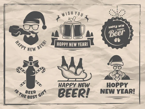 Yeni Yıl Zanaat Bira Rozetleri Stickes Vektör Noel Bira Logoları — Stok Vektör