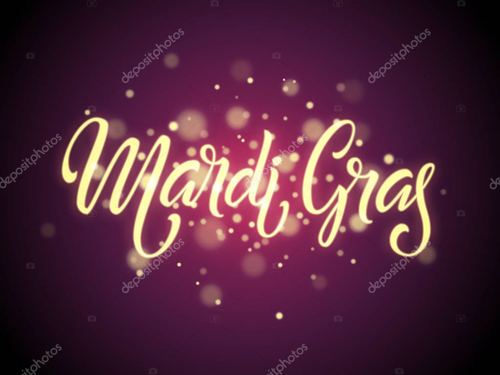 Mardi gras logo. Vector hand written lettering poster. Shining purple background. Fat tuesday greeting card