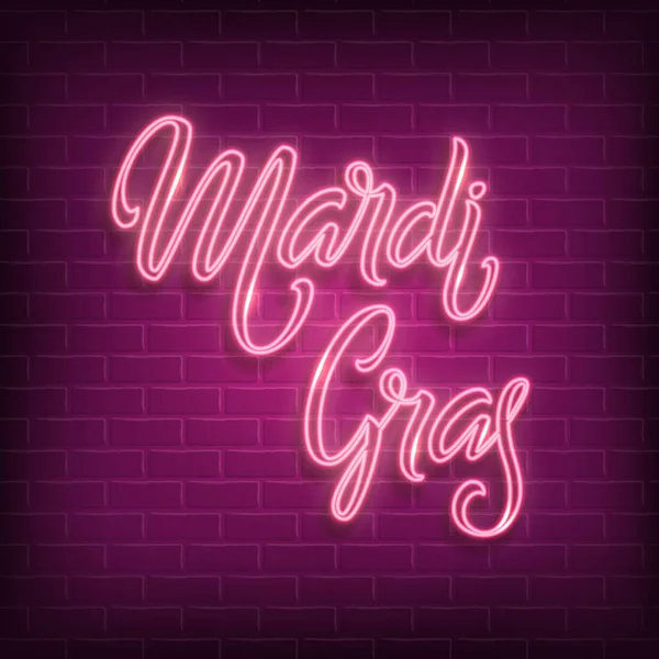 Mardi Gras Neon Belettering Logo Met Paarse Baksteen Muur Achtergrond — Stockvector