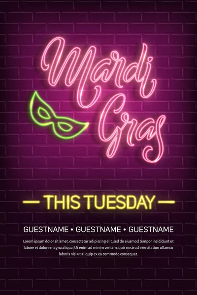 Mardi Gras Poster Met Neon Belettering Logo Paars Bakstenen Muur — Stockvector