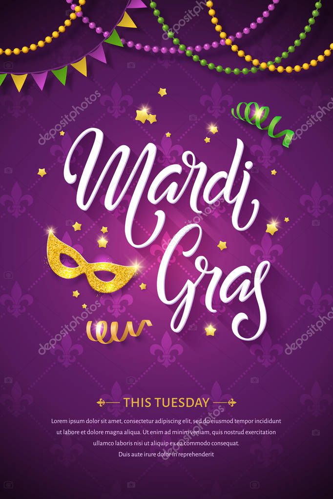 Mardi gras brochure. Fat tuesday greeting card with handwritten lettering logo and golden mask. Shining beads and flags on traditional colors background