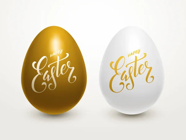 Cartel Con Letras Huevos Pascua Dos Huevos Dorados Blancos Con — Vector de stock