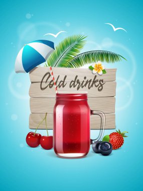 Soğuk içecekler poster. Ahşap logosu, palmiye ağaçları, şemsiye, kiraz, çilek ve yaban mersini ile yaz arka planda limonata veya smoothie ve çilek gerçekçi bir bardak.