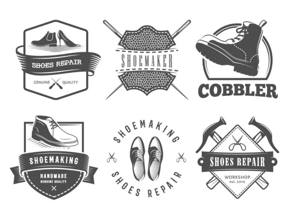 Logos Réparation Chaussures Badges Vectoriels Pour Cordonnier Cordonnier Étiquettes Avec — Image vectorielle