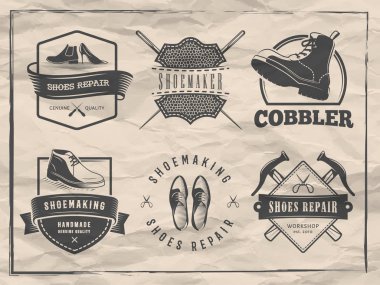 Shoemaker logos. Vector badges for shoe repair or cobbler shop. Labels with shoes, boots and shoemaking tools on vintage paper background. clipart