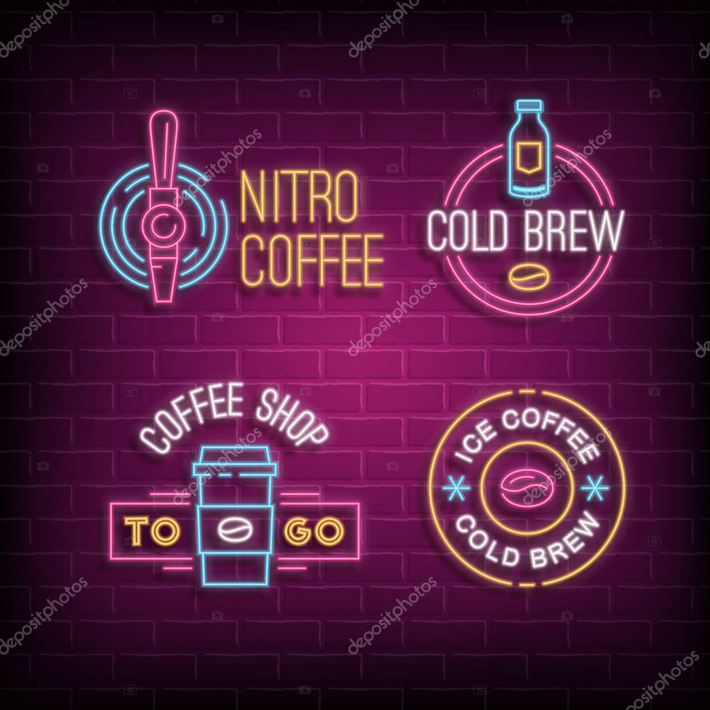 Cold brew coffee and nitro coffee neon logos. Vector glowing badges on brick wall background