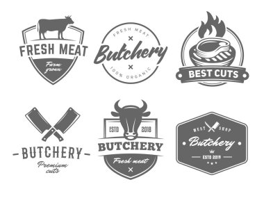 Katliam vektör rozetleri. Mangal, ızgara, et, barbekü, biftek logosu. Biftek lokantası veya ızgara barı için retroamblem.