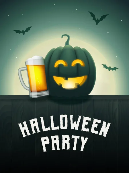 Halloween pumpkin beer party poster. Drunk Jack-o-lantern with beer mug. Scary background with moon and flying bats at night. Vector greeting card or invitation to a party