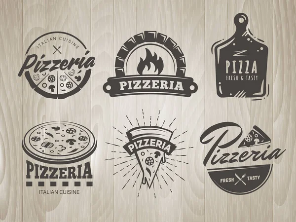Logotipos Pizza Set Insignias Pizzería Con Pizzas Enteras Rebanadas Etiquetas Gráficos Vectoriales