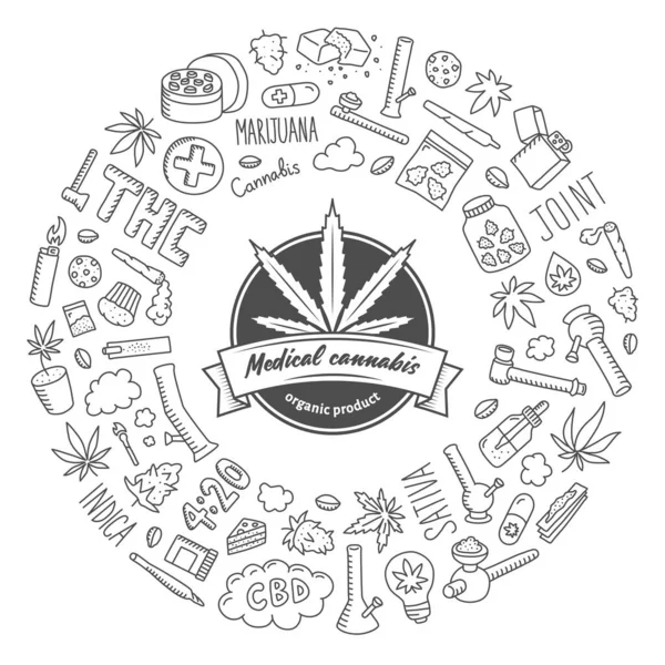 大麻涂鸦海报 手工提取的大麻叶 骨头和其他元素 卡通人物的圆形组合 — 图库矢量图片