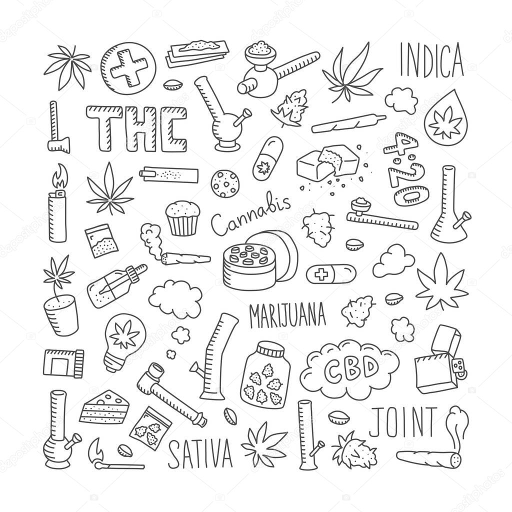 Cannabis doodles set. Hand drawn marijuana leaves, smoking pipes, joints, bongs and other elements. Vector cartoon objects.