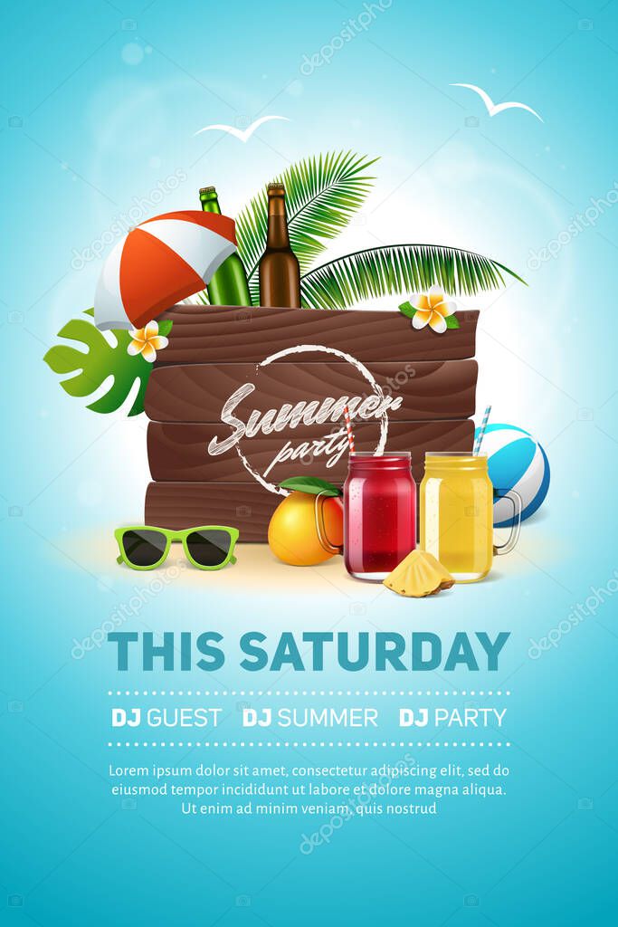 Summer party poster with smoothie or juice glasses. Beach party flyer with vintage board sign, mason jars with lemonade, mango, pineapple, palm tree leaves, umbrella, sunglasses and other elements.