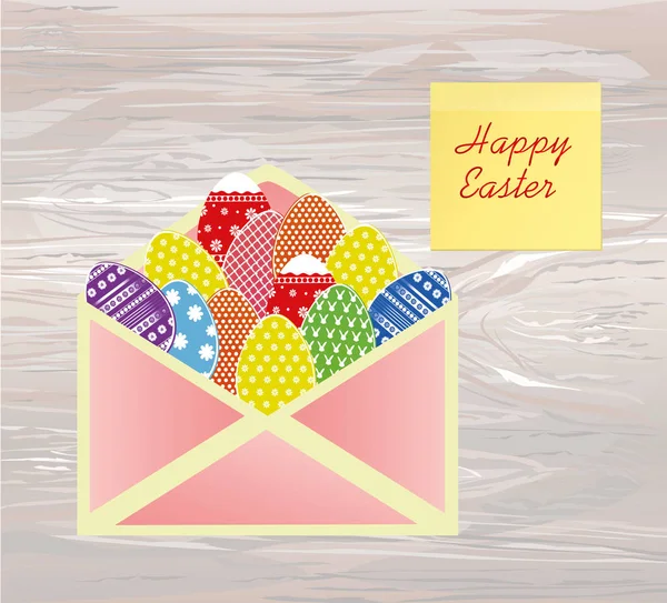 Open Envelope Easter Colored Eggs Pattern Yellow Sheet Paper Notes — Stock Vector