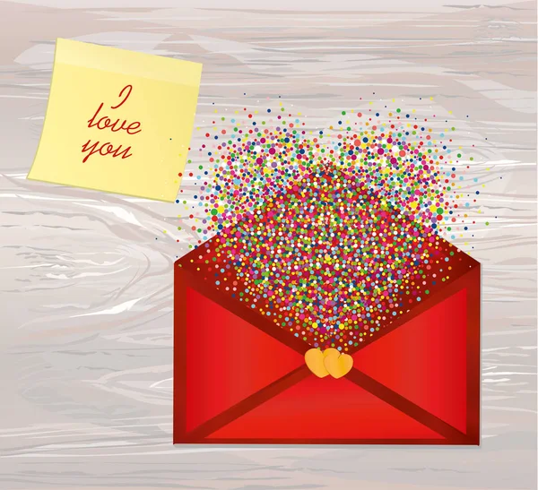 Confetti Multicolore Forme Cœur Envole Hors Enveloppe Feuille Papier Jaune — Image vectorielle