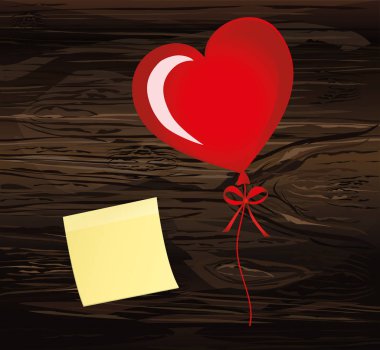 Balonlar sargılı şerit ve yay, bir tatil ve Doğum günü ve parti için kalp şeklinde. Boş sarı yaprak kağıda notlar için. Etiket. Kırmızı Ulusal teketim ürünleri. Davet. Ahşap arka plan üzerinde vektör.