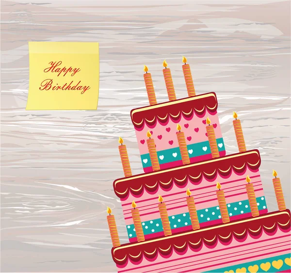 Festive Big Cake Happy Birthday Empty Yellow Sheet Paper Notes — Stock Vector
