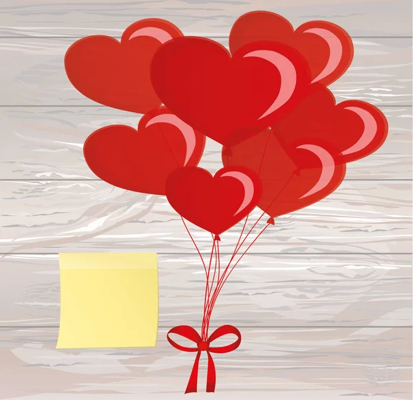 休日や誕生日パーティーのリボンと弓 包帯の心の形をした風船 赤のインフレータブル ボール 招待状 空のノート用紙 枚イエロー ステッカー 木製の背景のベクトル — ストックベクタ