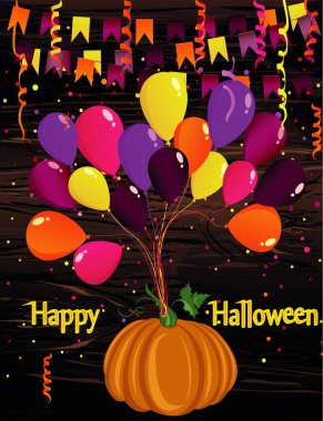 Cadılar Bayramı. Balonlar kabak uçar. Konfeti ve bayrakların garland. Tebrik kartı veya bir partisine davet. Ahşap arka plan üzerinde vektör.