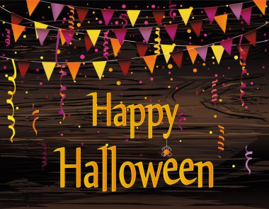 Bayraklar çelenk ile Halloween Karnavalı. Vektör ahşap arka plan üzerinde. Geleneksel renklerde bir partisine davet kavramı. 