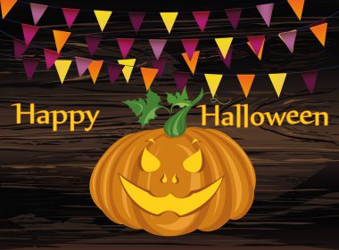 Bayraklar çelenk ile Halloween Karnavalı. Vektör. Geleneksel renklerde bir partisine davet kavramı. Ahşap arka plan illüstrasyon.