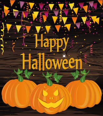 Bayraklar çelenk ile Halloween Karnavalı. Vektör. Geleneksel renklerde bir partisine davet kavramı. Ahşap arka plan illüstrasyon.