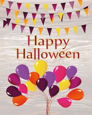 Cadılar Bayramı karnaval çelenk bayraklı balonları. Tebrik kartı veya davet. Metin veya reklam için boş alan. Ahşap arka plan üzerinde vektör çizim.